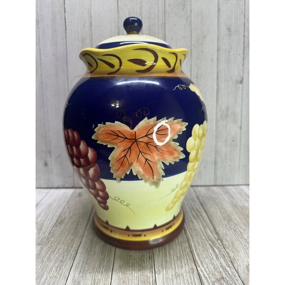 Vtg Cobalt Blue 11" Tall Cookie Jar BISCOTTI Canister Fall Leaves French Country - Picture 4 of 12